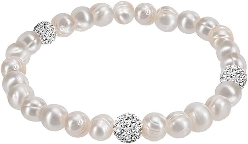 Cultured Freshwater Baroque Pearl Bracelet with Crystal Beads and Elastic Cord