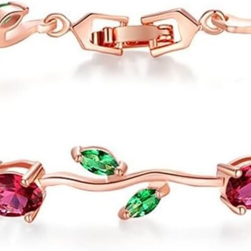 Rose Gold Link Bracelet with Emerald Leaf and Cubic Zirconia