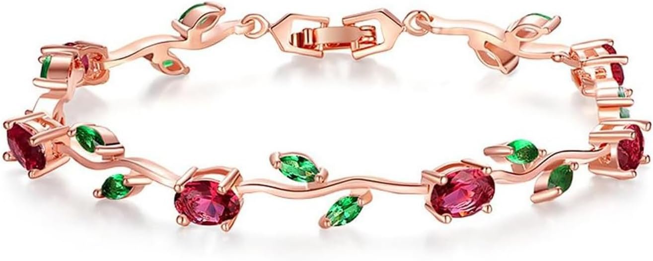 Rose Gold Link Bracelet with Emerald Leaf and Cubic Zirconia