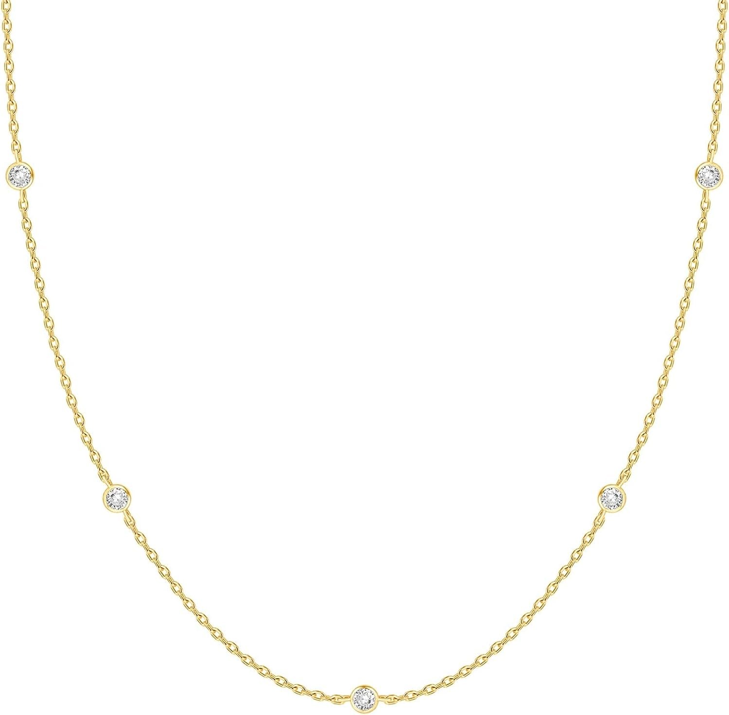 Station Choker Necklace with Bezel Set Cubic Zirconia on Cable Chain