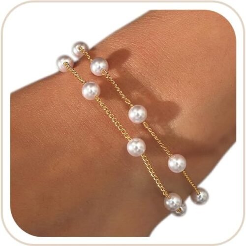 Double Layer Pearl and Gold Chain Bracelet Stack with Adjustable Chain