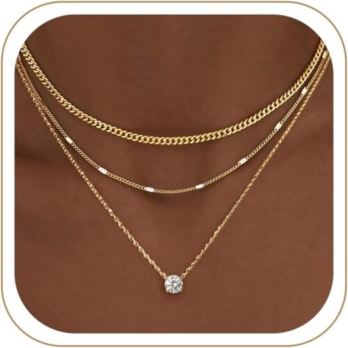 Three Piece Layered Necklace Set with Cuban Choker Dot Chain and Cubic Zirconia Pendant