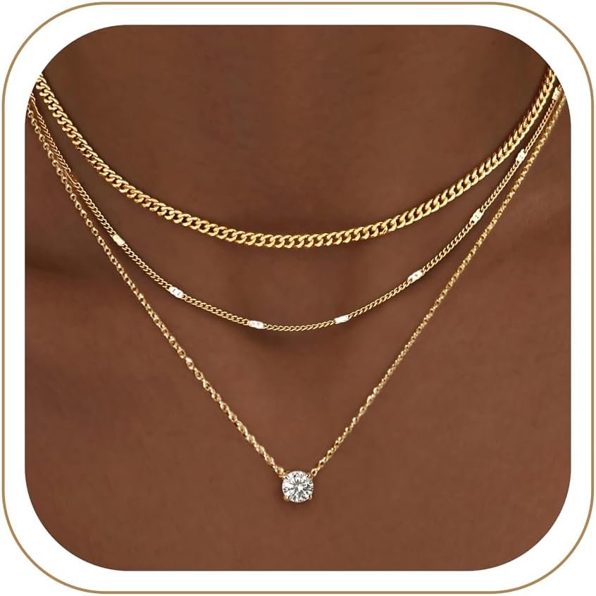 Three Piece Layered Necklace Set with Cuban Choker Dot Chain and Cubic Zirconia Pendant