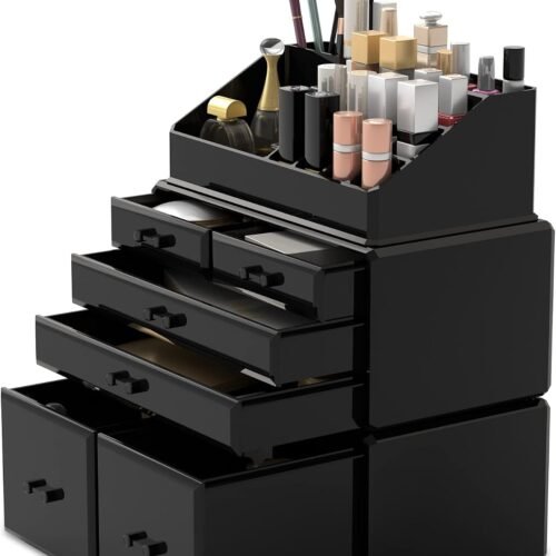 3 Piece Black Cosmetic Storage Case Set with 6 Drawers