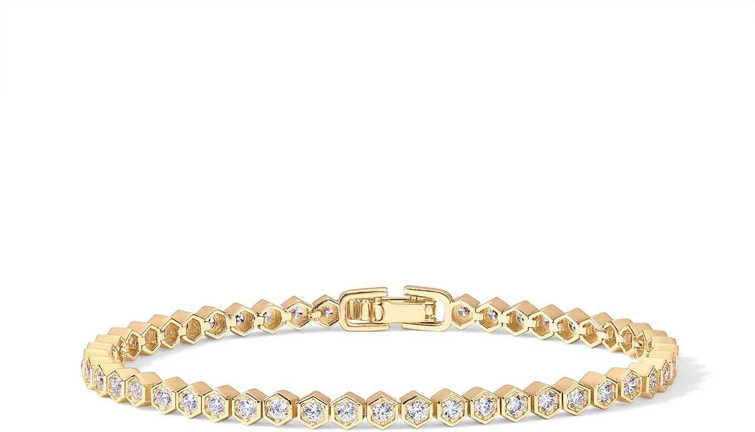 Honeycomb Tennis Bracelet with Six Prong Basket Setting and Gold Plating