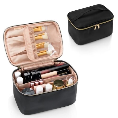 Travel Makeup Bag with Brush Compartment and Hook and Loop Fastener Dividers
