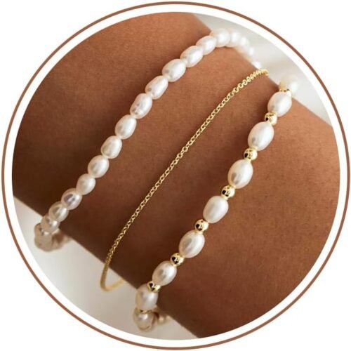 Pearl and Bead Bracelet Set with Gold Plated Lobster Clasp