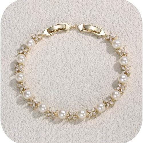 Cubic Zirconia Pearl Tennis Bracelet with Simulated Pearl and Brass