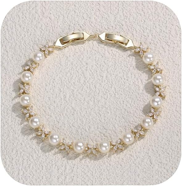 Cubic Zirconia Pearl Tennis Bracelet with Simulated Pearl and Brass