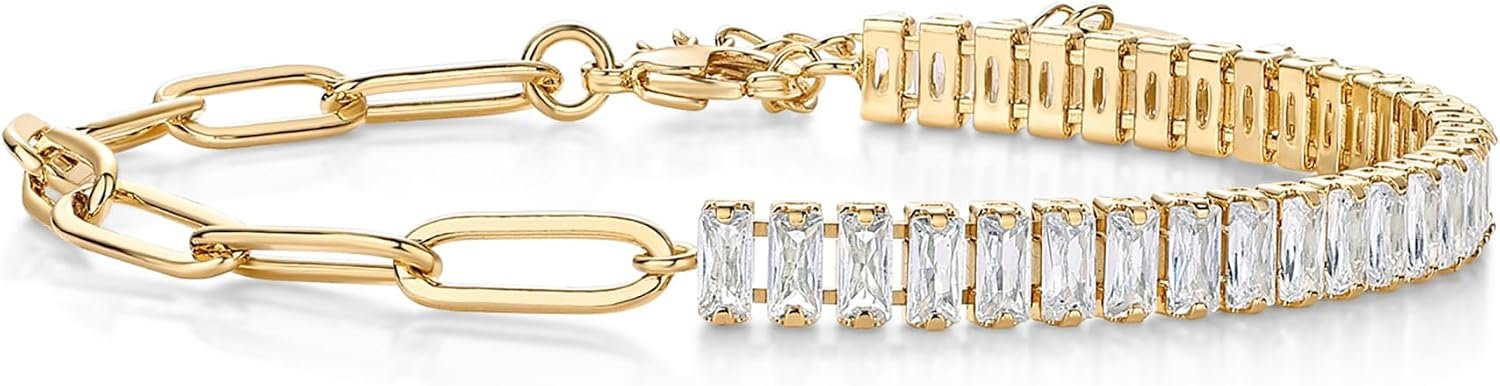 Half Tennis Half Paperclip Chain Bracelet with Baguette Cubic Zirconia