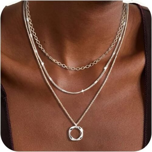 Layered Sterling Silver Necklace Set with Paperclip Strip and Twisted Circle Pendant