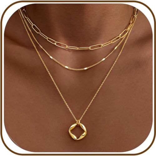 Three Piece Layered Necklace Set with Paperclip Strip and Twist Circle Pendant