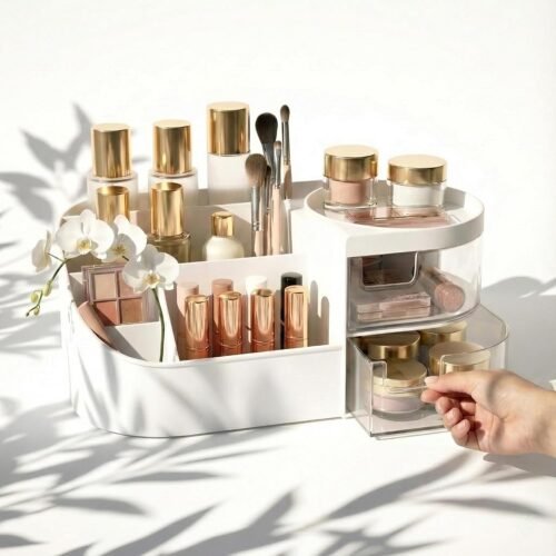 Spacious 2 Drawer Makeup Organiser with Stickers and Smooth Edges