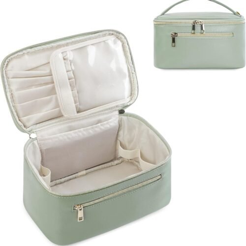 Fold Down Travel Makeup Bag with Adjustable Dividers and Brush Holders