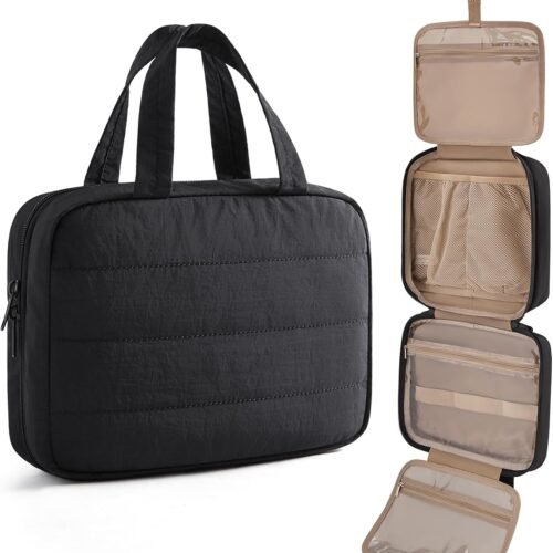 Quilted Hanging Makeup Toiletry Bag with Transparent Pockets and Hook