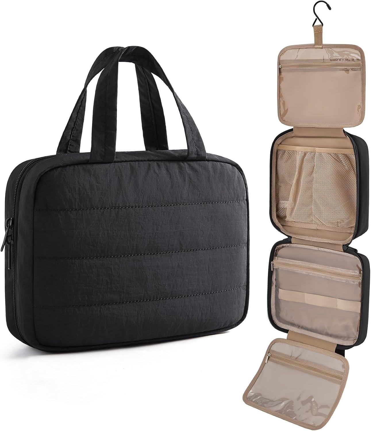 Quilted Hanging Makeup Toiletry Bag with Transparent Pockets and Hook