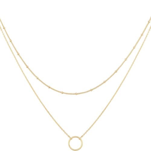 Layered Choker Necklace with Circle Charm and Beaded Satellite Chain