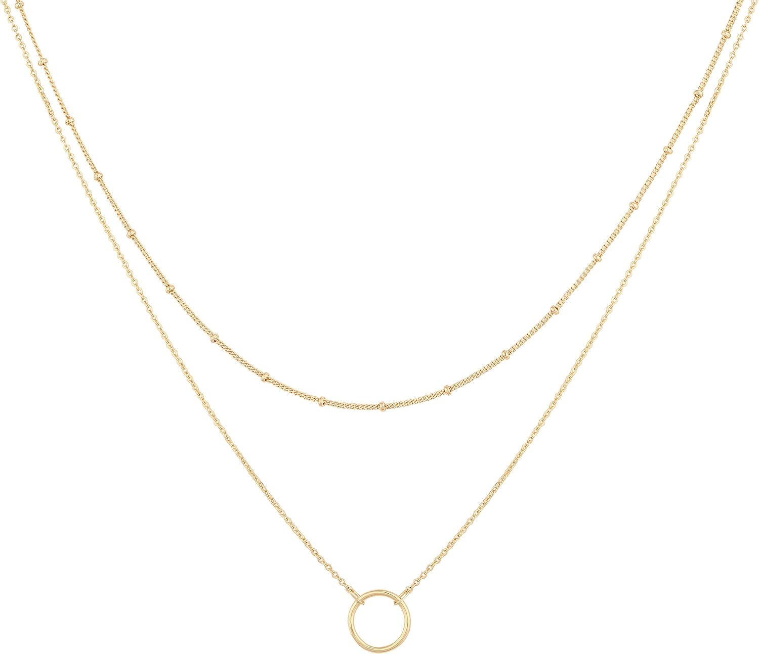 Layered Choker Necklace with Circle Charm and Beaded Satellite Chain