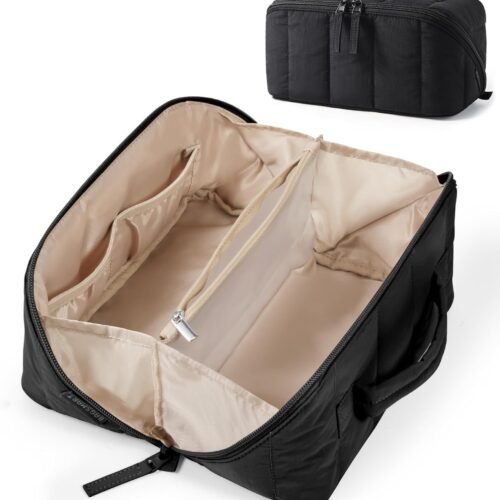 Quilted Makeup Bag with Full Open Design and Brush Pocket