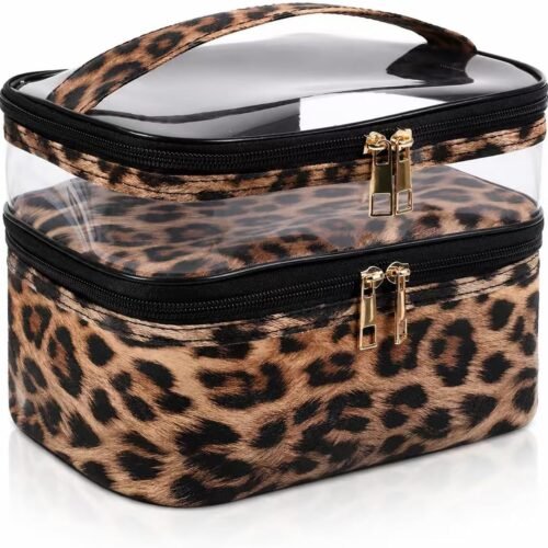 Layered Makeup Bag with PVC Top and Vegan Leather Bottom