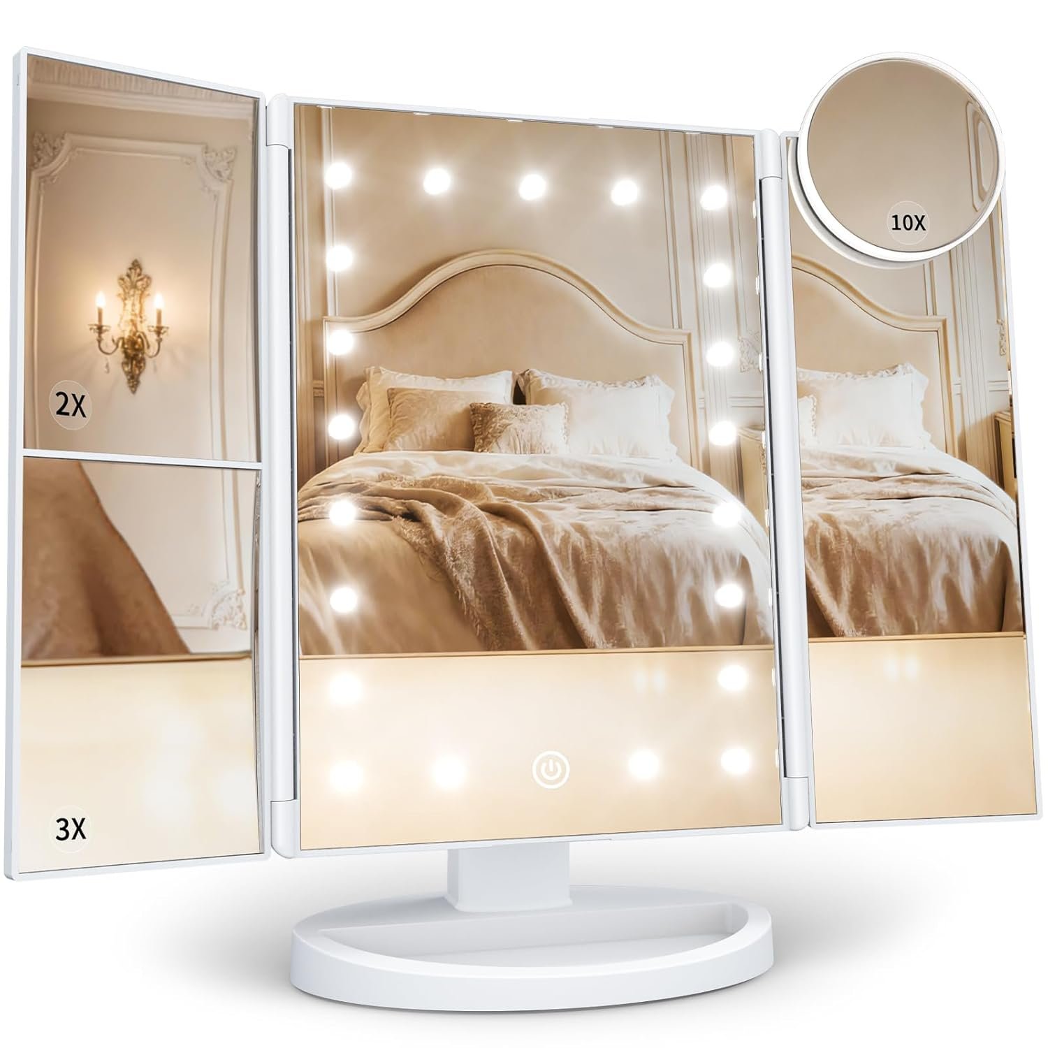 Trifold Lighted Mirror with 2X, 3X and 10X Magnification