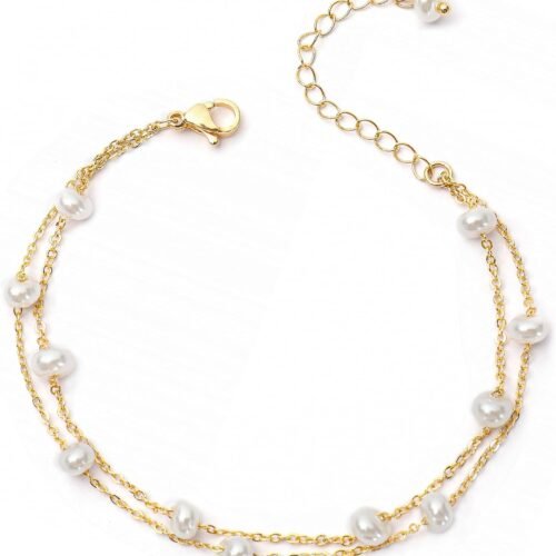 Double Layer Pearl Bracelet with Gold Plated Copper and Adjustable Chain