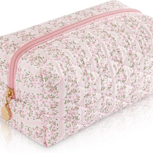Quilted Floral Makeup Bag with Zipper Closure