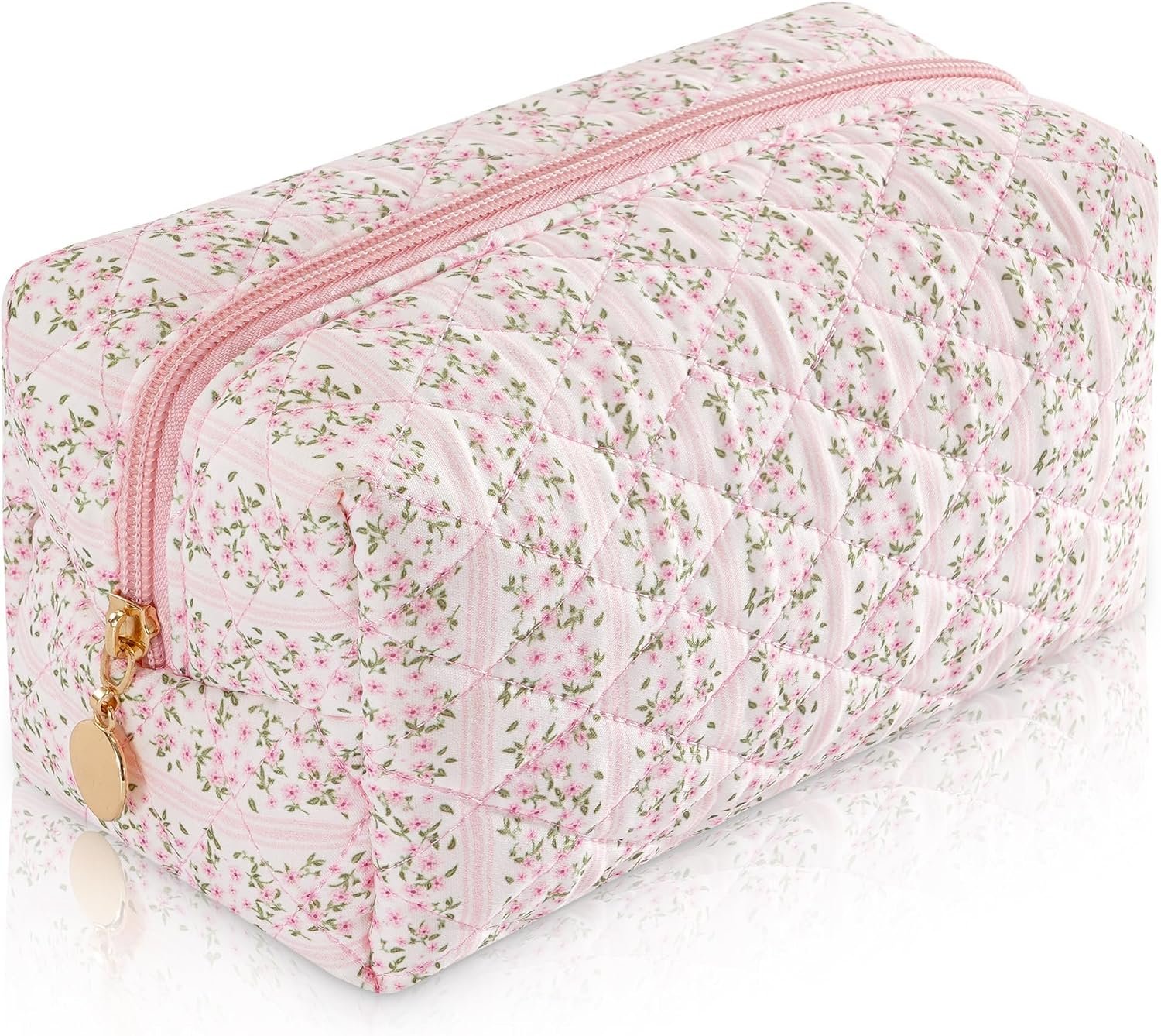 Quilted Floral Makeup Bag with Zipper Closure