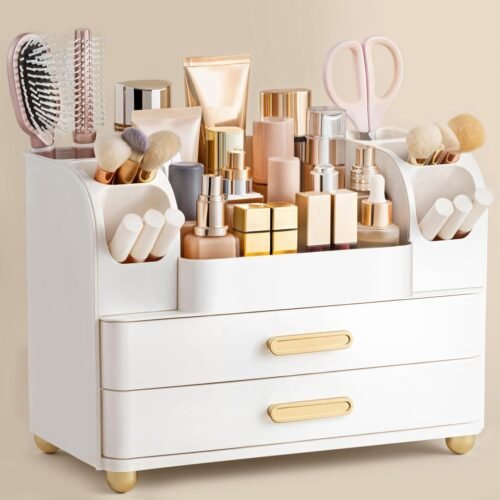 Large White Bathroom Organiser with Brush Holder for Beauty Storage