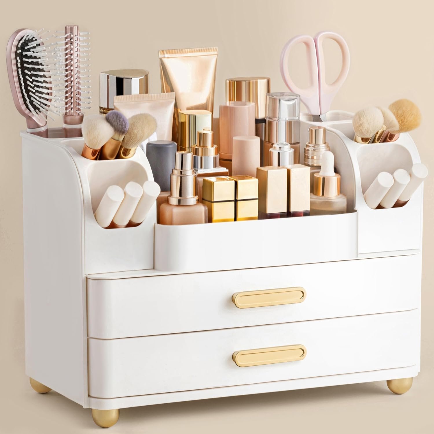 Large White Bathroom Organiser with Brush Holder for Beauty Storage