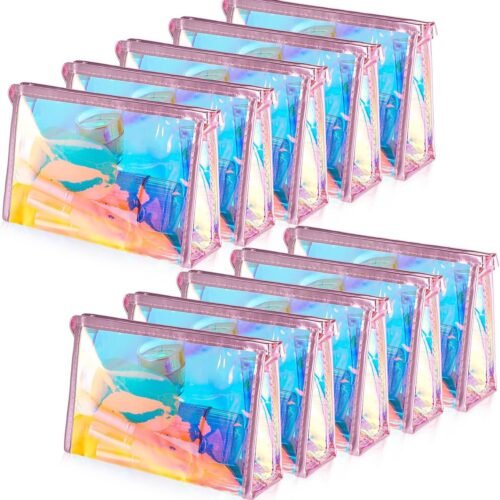 Holographic Iridescent Makeup Bag Set with Transparent Design