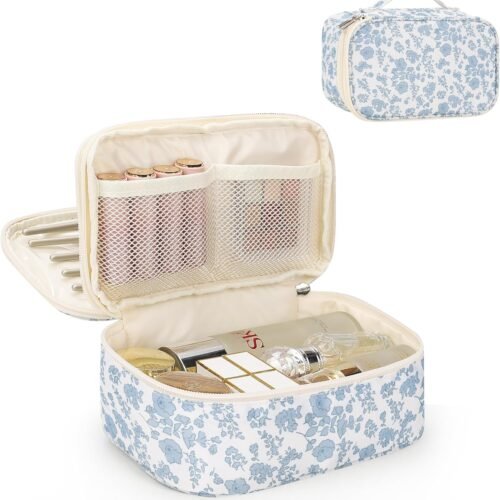 Double Layer Travel Makeup Bag with Elastic Slots and Mesh Pockets