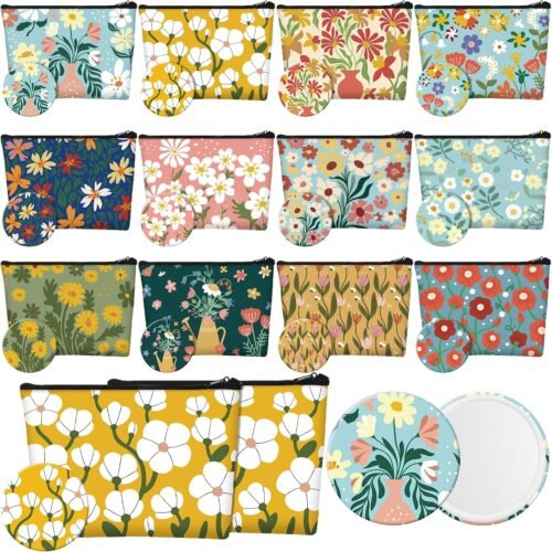 Floral Canvas Makeup Bag Set with Matching Compact Mirrors