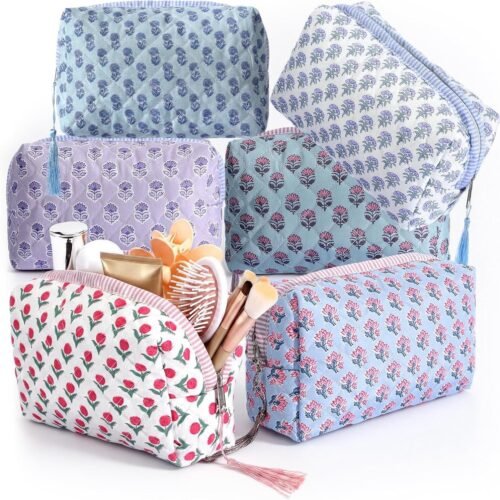 Quilted Floral Makeup Bag Set with Tassels and Cotton Fabric