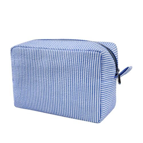 Seersucker Cosmetic Makeup Pouch with Zipper and Large Opening