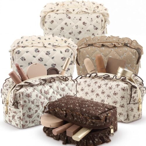 Fold Down Makeup Bag with Elastic Mesh Pouches and Vegan Leather