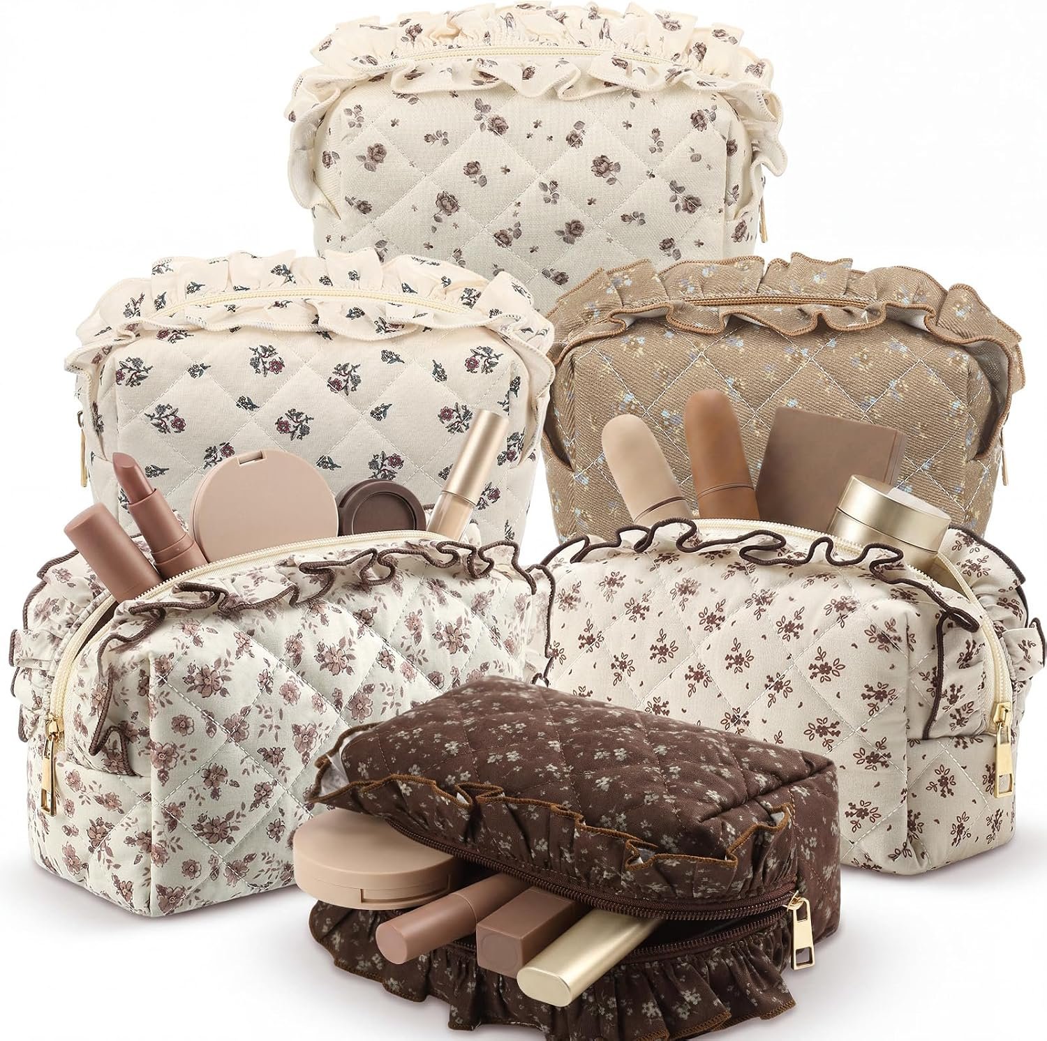 Fold Down Makeup Bag with Elastic Mesh Pouches and Vegan Leather