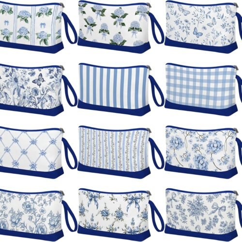 Blue Floral Canvas Makeup Bag Set with Reinforced Stitching