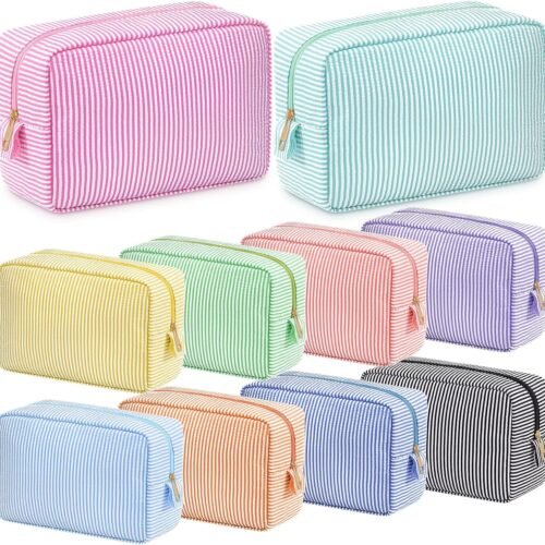Seersucker Cosmetic Makeup Bag Set with Carry Handle and Metal Zipper